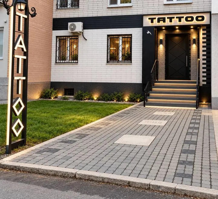 Вход в салон: вывеска TATTOO и подсвеченная лестница